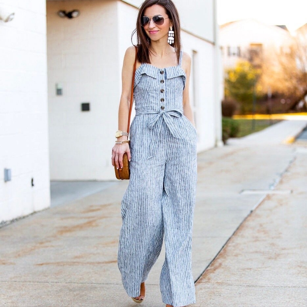 AE Grey Pinstripe Wide Leg Jumpsuit